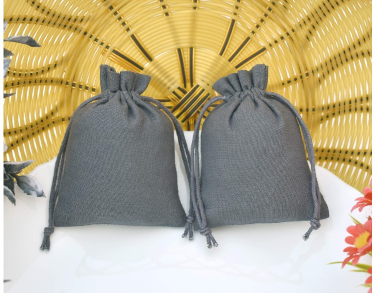 Gray Custom Plain Jewelry Pouch with Brand Logo, Wedding Favor Bag, Cotton Drawstring Pouch