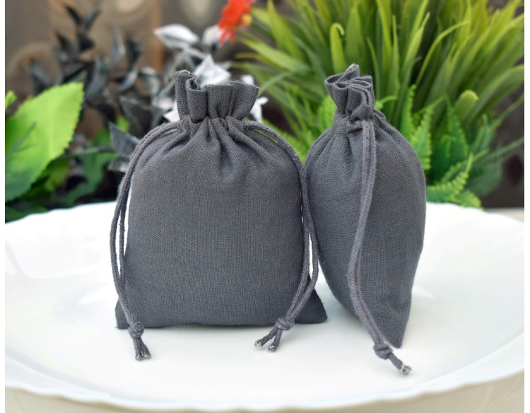 Gray Custom Plain Jewelry Pouch with Brand Logo, Wedding Favor Bag, Cotton Drawstring Pouch