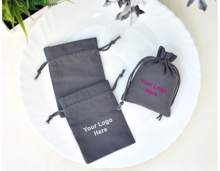 Gray Custom Plain Jewelry Pouch with Brand Logo, Wedding Favor Bag, Cotton Drawstring Pouch