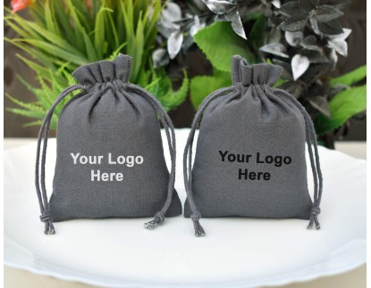 Gray Custom Plain Jewelry Pouch with Brand Logo, Wedding Favor Bag, Cotton Drawstring Pouch