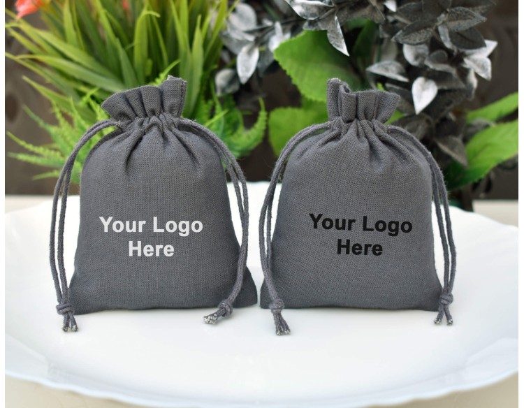 Gray Custom Plain Jewelry Pouch with Brand Logo, Wedding Favor Bag, Cotton Drawstring Pouch