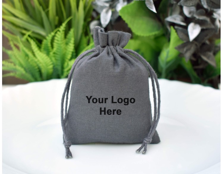Gray Custom Plain Jewelry Pouch with Brand Logo, Wedding Favor Bag, Cotton Drawstring Pouch