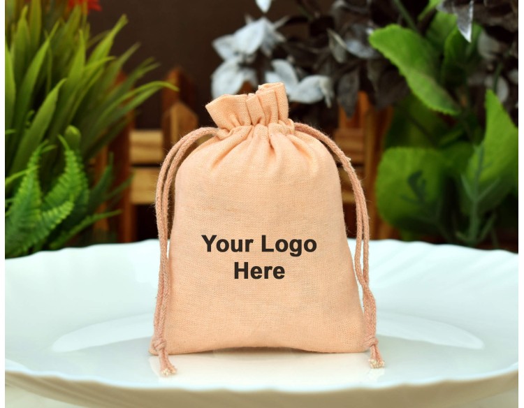 Peach Custom Drawstring Pouch, Reusable Eco Friendly Cotton Pouch, Jewellery Packaging