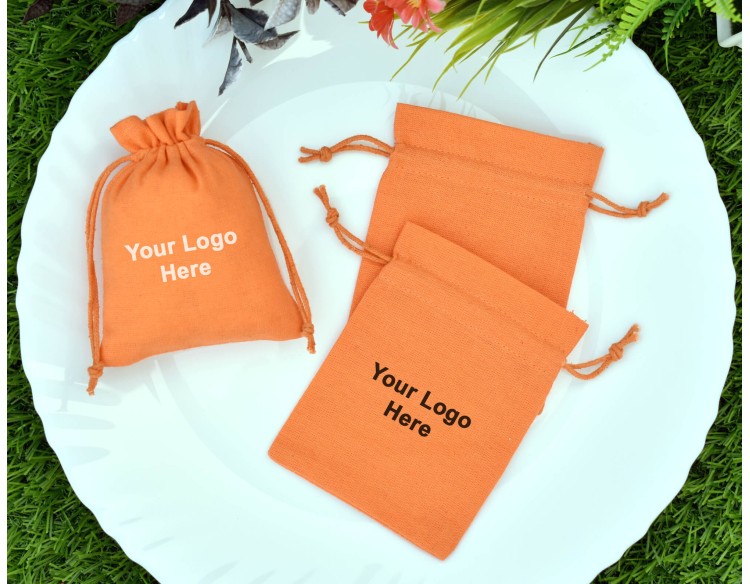 Orange Custom Jewelry Pouch With Logo, Small Drawstring Bag