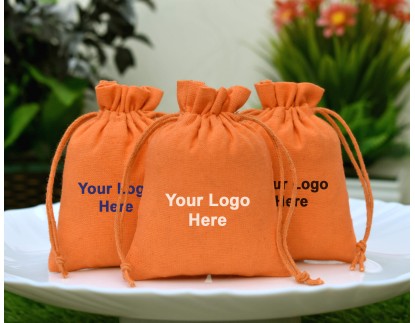 Orange Custom Jewelry Pouch With Logo, Small Drawstring Bag