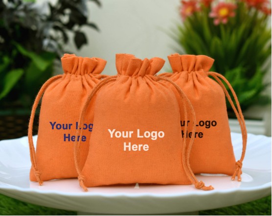 Orange Custom Jewellery Pouch With Logo Small Drawstring Bag