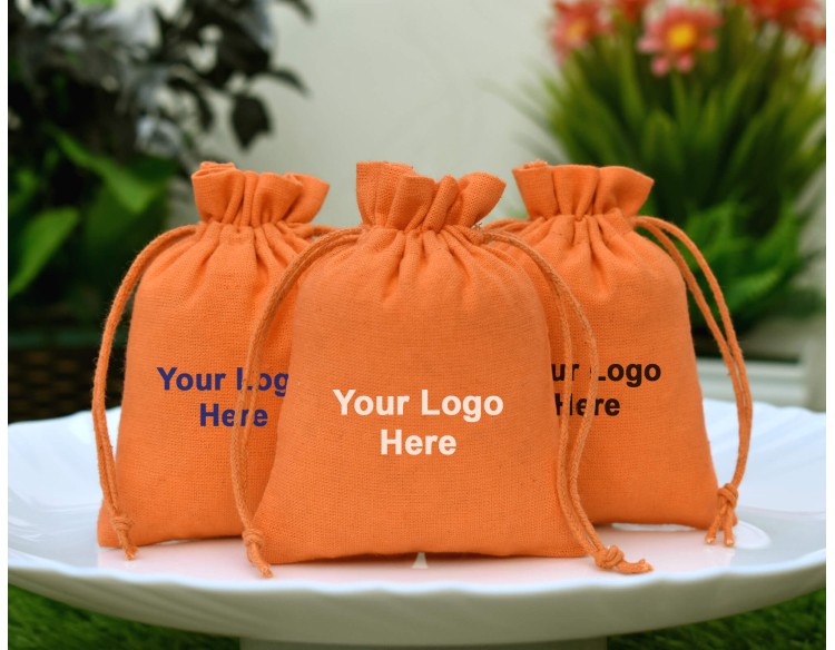 Orange Custom Jewelry Pouch With Logo, Small Drawstring Bag