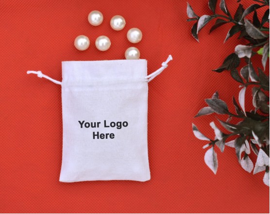 Designer White Drawstring Pouch, Personalized Logo Printed Wedding Favor Bag