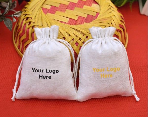 Designer White Drawstring Pouch, Personalized Logo Printed Wedding Favor Bag