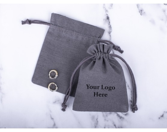 100 Gray  Custom Logo Jewelry Pouch, Wedding Favor Bag, Cotton Drawstring Pouch