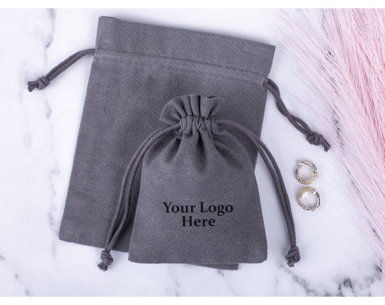 100 Gray  Custom Logo Jewelry Pouch, Wedding Favor Bag, Cotton Drawstring Pouch