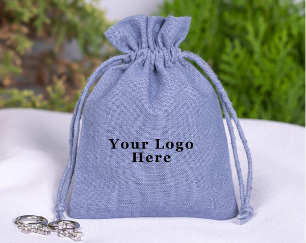 100 Bluish Grey Cotton Drawstring Pouches For Jewelry Packaging, Product Gift Packing With Brand Logo Print