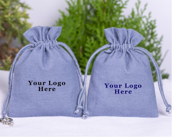 100 Bluish Grey Cotton Drawstring Pouches For Jewelry Packaging, Product Gift Packing With Brand Logo Print