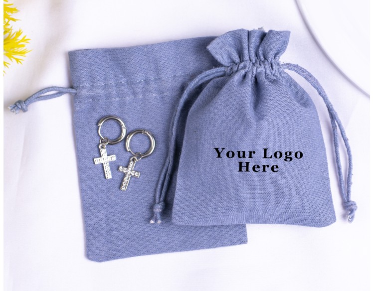 100 Gray Cotton Drawstring Pouches For Jewelry Packaging, Product Gift Packing With Brand Logo Print