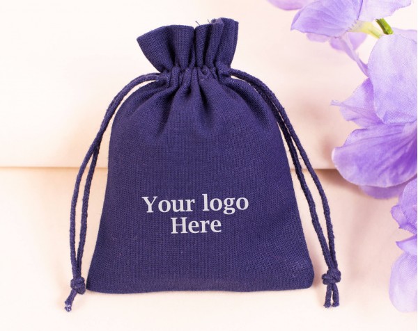 100 Blue Cotton Drawstring Pouches For Jewelry Packaging, Product Gift Packing With Brand Logo Print