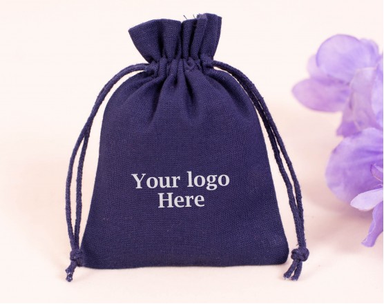 100 Blue Cotton Drawstring Pouches For Jewelry Packaging, Product Gift Packing With Brand Logo Print