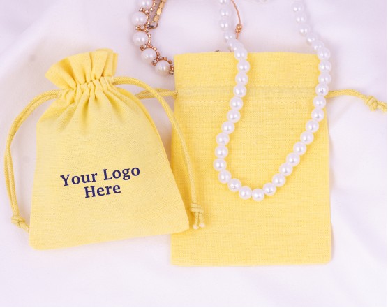 Set of 100 Yellow Custom Wedding Favor Pouch, Cotton Drawstring Jewelry Packaging Bag (Yellow, BG166)
