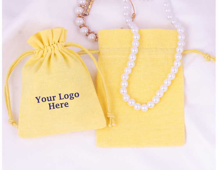 Set of 100 Yellow Custom Wedding Favor Pouch, Cotton Drawstring Jewelry Packaging Bag (Yellow, BG166)