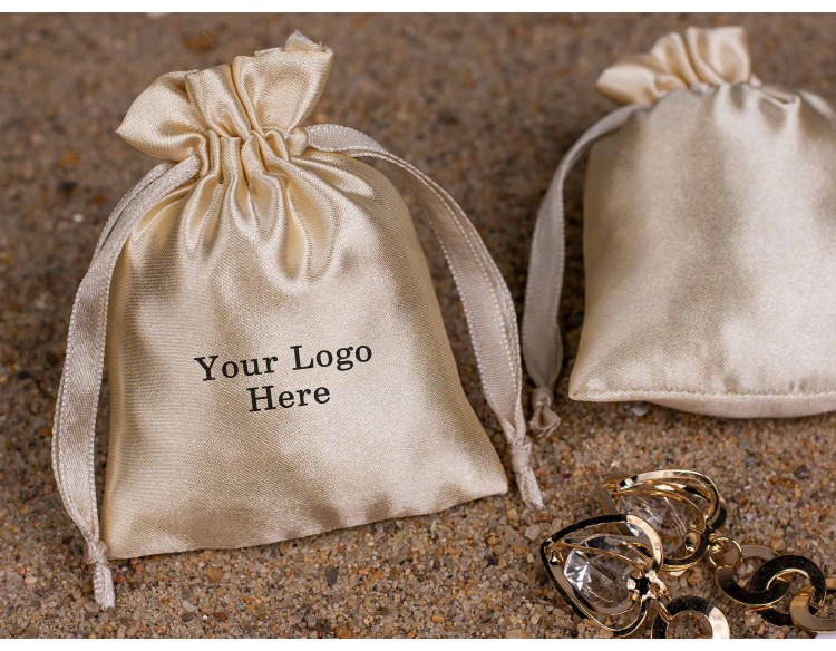 100 Beige Satin Drawstring Pouch, Satin Jewelry Pouch, Custom Jewelry Packaging Bag With Logo