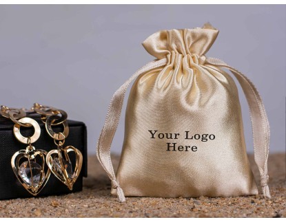 100 Beige Satin Drawstring Pouch, Satin Jewelry Pouch, Custom Jewelry Packaging Bag With Logo