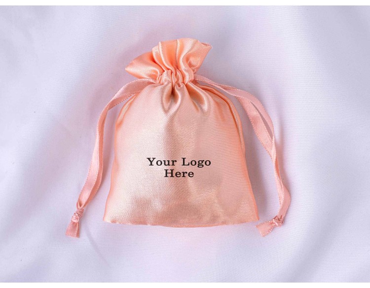 Peach Satin Pouch With Logo, Satin Drawstring Pouch, Satin Jewelry Packaging Pouch
