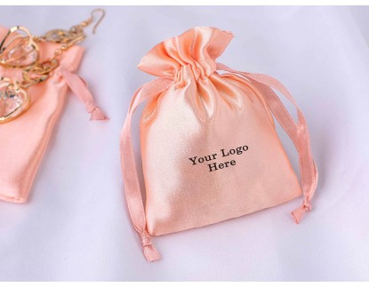 Peach Satin Pouch With Logo, Satin Drawstring Pouch, Satin Jewelry Packaging Pouch