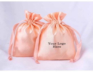Peach Satin Pouch With Logo, Satin Drawstring Pouch, Satin Jewelry Packaging Pouch