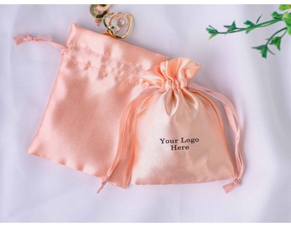 Peach Satin Pouch With Logo, Satin Drawstring Pouch, Satin Jewelry Packaging Pouch