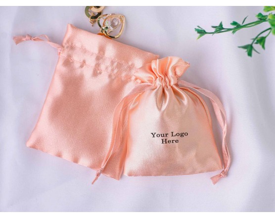 Peach Satin Pouch With Logo Drawstring Pouch Jewelry Packaging Pouch - Bagwalas