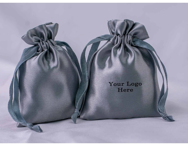 100 Dark Gray Satin Jewelry Pouch With Logo, Satin Drawstring Pouch, Satin Bag Favors