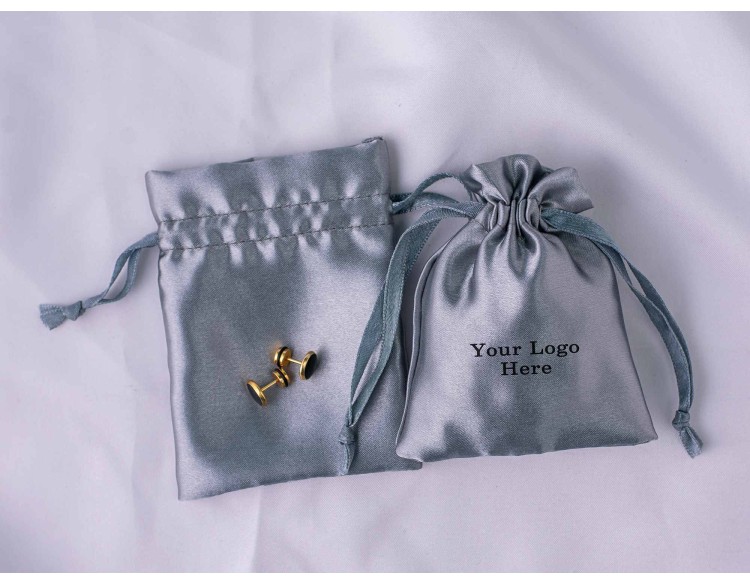 100 Dark Gray Satin Jewelry Pouch With Logo, Satin Drawstring Pouch, Satin Bag Favors