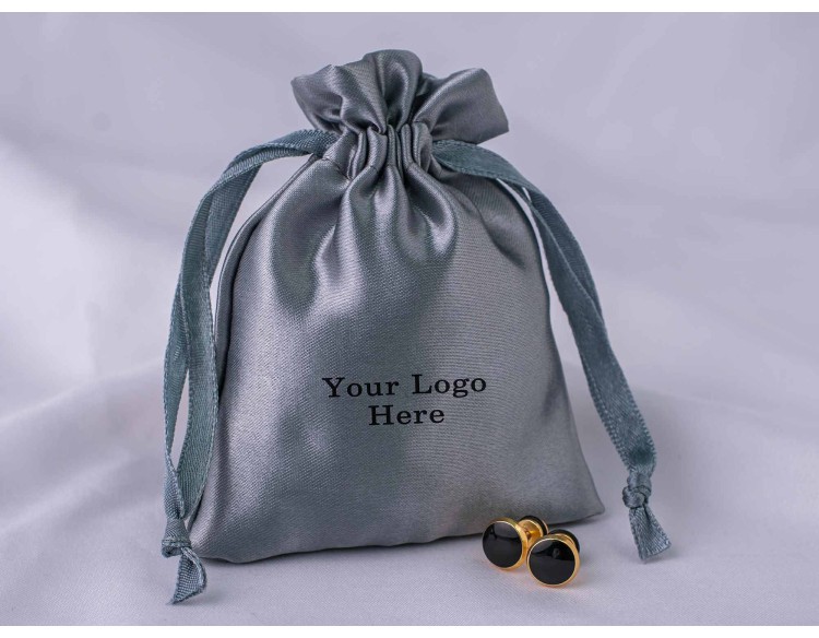 100 Dark Gray Satin Jewelry Pouch With Logo, Satin Drawstring Pouch, Satin Bag Favors
