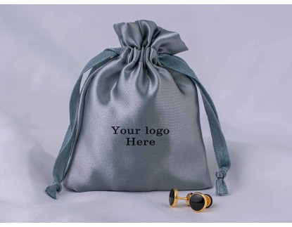 100 Dark Gray Satin Jewelry Pouch With Logo, Satin Drawstring Pouch, Satin Bag Favors