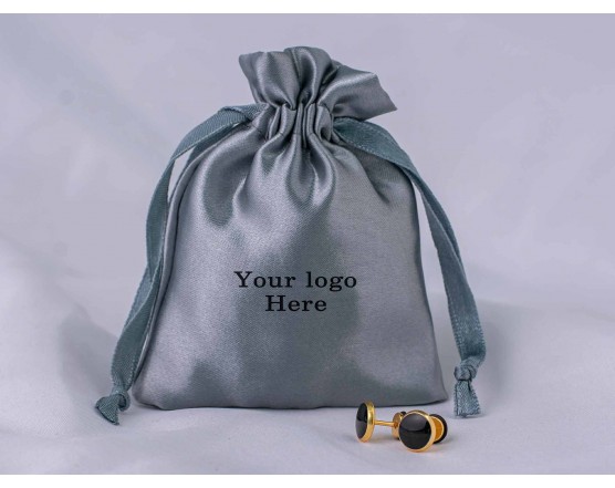 100 Dark Gray Satin Fabric Custom Jewelry Pouch With Logo, Small Drawstring Bag, Wedding Favor Pouch