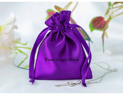 100 Purple Custom Satin Jewelry Pouch With Logo, Small Drawstring Bag (Satin Fabric)