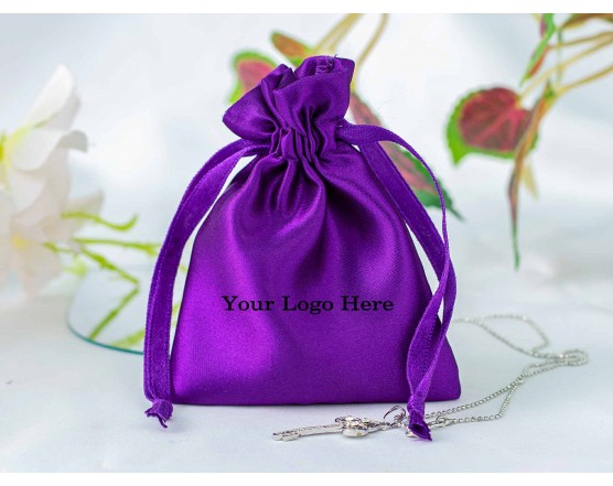 100 Purple Custom Jewelry Pouch With Logo Small Drawstring Bag (Satin Fabric)