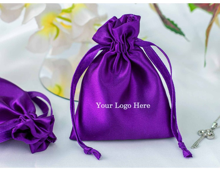 100 Purple Custom Satin Jewelry Pouch With Logo, Small Drawstring Bag (Satin Fabric)