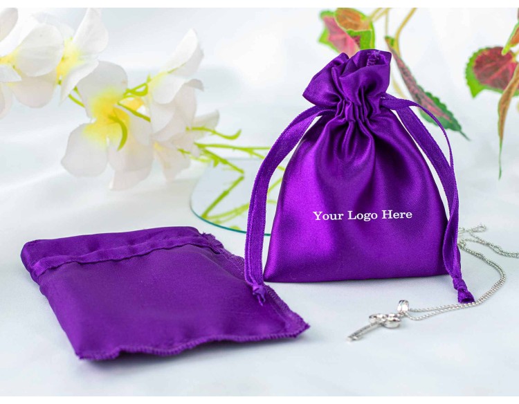 100 Purple Custom Satin Jewelry Pouch With Logo, Small Drawstring Bag (Satin Fabric)