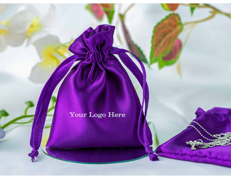 100 Purple Custom Satin Jewelry Pouch With Logo, Small Drawstring Bag (Satin Fabric)