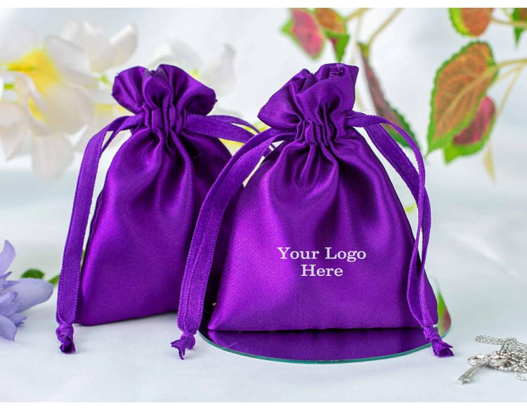 100 Purple Custom Satin Jewelry Pouch With Logo, Small Drawstring Bag (Satin Fabric)