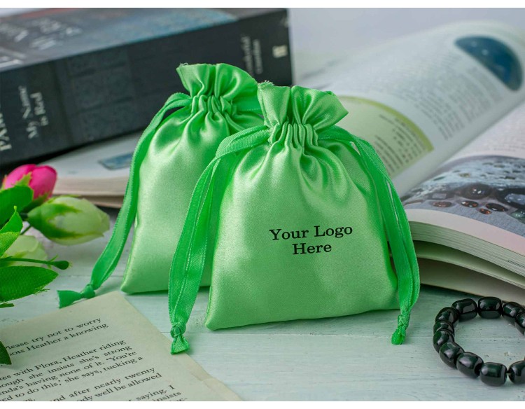 100 Parrot Green Satin Drawstring Pouch With Logo, Satin Pouch, Satin Bags, Satin Favor Bags