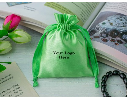 100 Parrot Green Satin Drawstring Pouch With Logo, Satin Pouch, Satin Bags, Satin Favor Bags