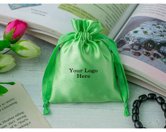 100 Parrot Green Satin Fabric Custom Drawstring Jewelry Pouch With Logo - Bagwalas