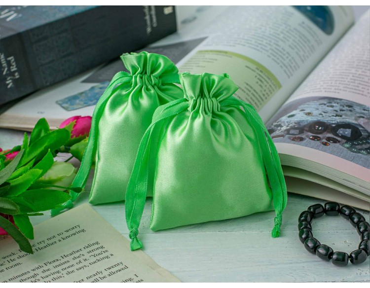 100 Parrot Green Satin Drawstring Pouch With Logo, Satin Pouch, Satin Bags, Satin Favor Bags