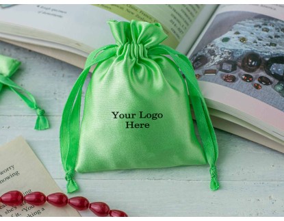100 Parrot Green Satin Drawstring Pouch With Logo, Satin Pouch, Satin Bags, Satin Favor Bags
