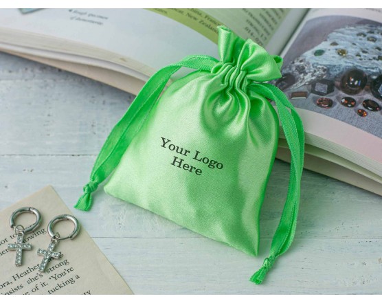 100 Parrot Green Satin Fabric Custom Drawstring Jewelry Pouch With Logo - Bagwalas