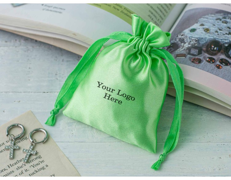 100 Parrot Green Satin Drawstring Pouch With Logo, Satin Pouch, Satin Bags, Satin Favor Bags