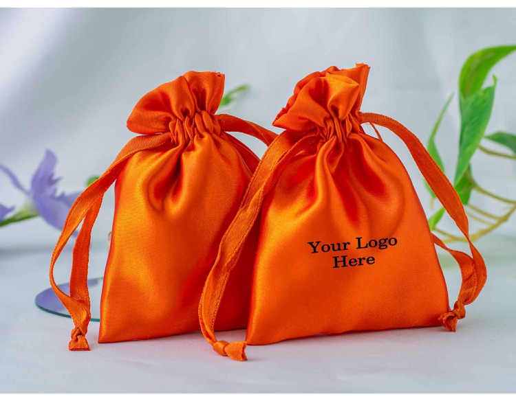 100 Orange Satin Drawstring Pouch, Satin Jewelry Packaging Pouch, Custom Product Packaging Bag With Logo