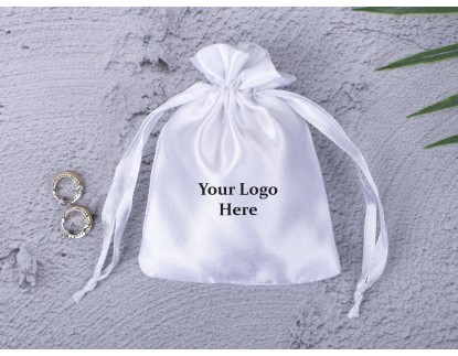Pack of 100 White Satin Drawstring Pouch, Satin Bags, Custom Satin Pouch With Logo