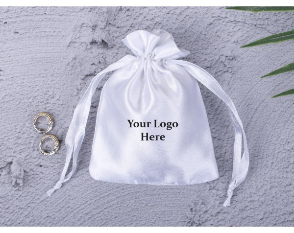 Pack of 100 White Satin Drawstring Pouch, Jewelry Bag, Custom Pouch With Logo